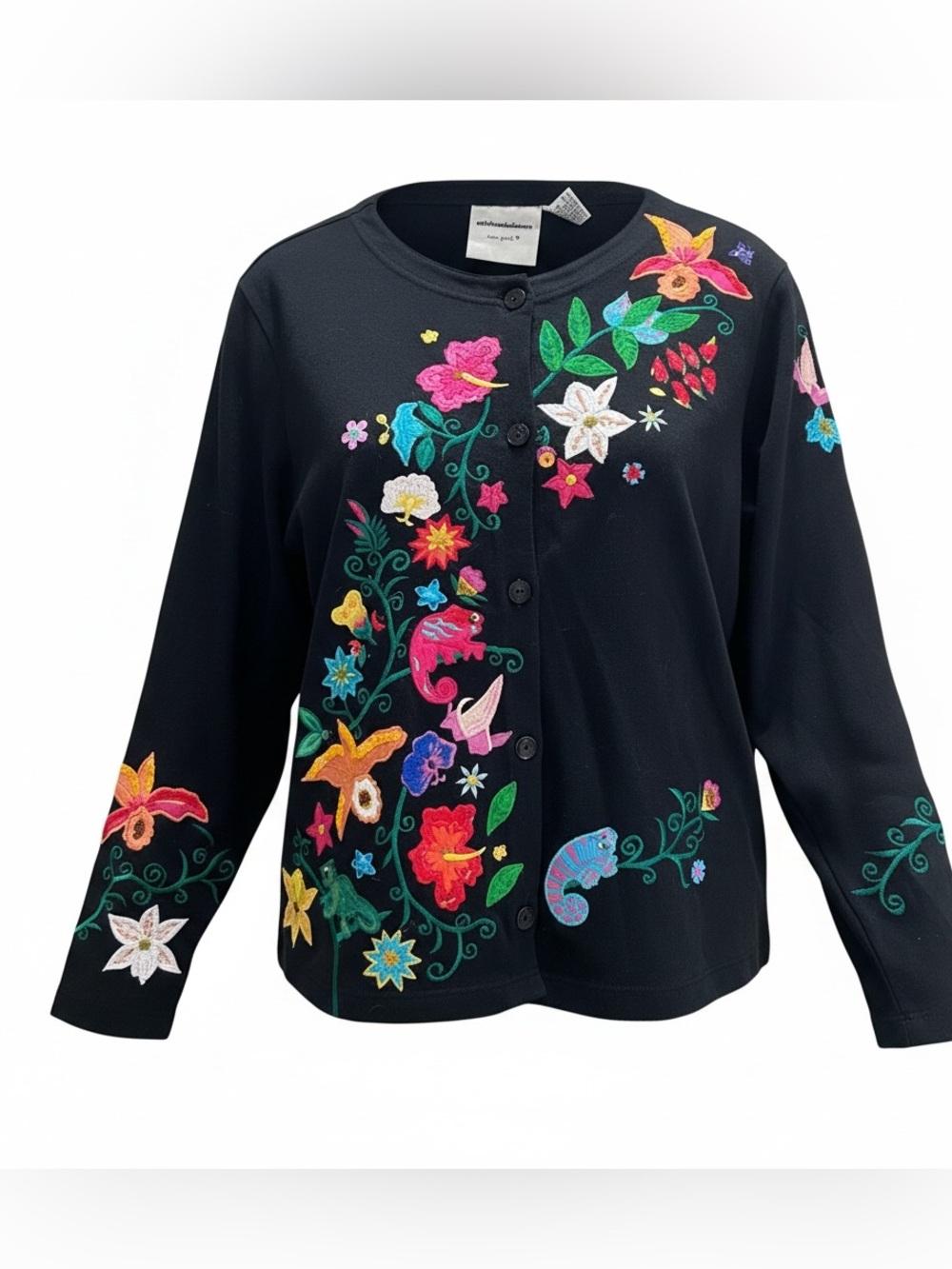 Vtg Michael Simon Black Cardigan M Embroidered Floral Chameleons Beads Sequence